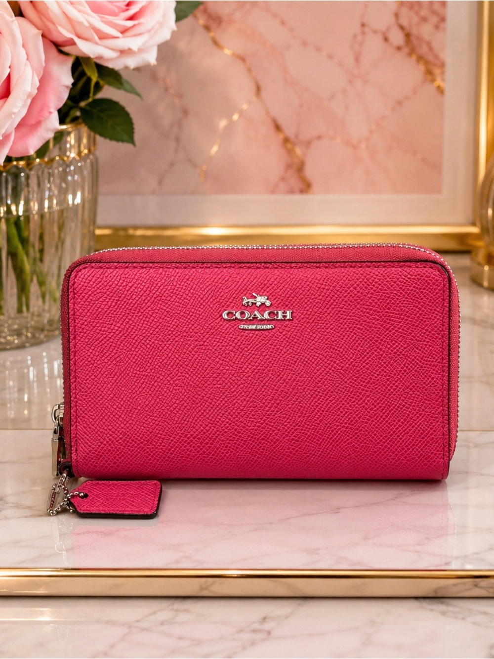 Coach Pink Double  Zip Around Wallet W/Baby Hangtag